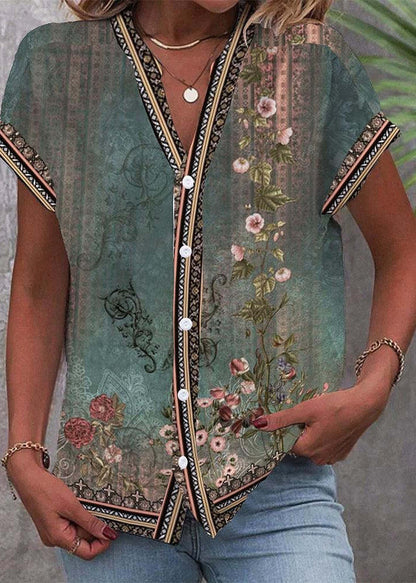Stylish Green V Neck Print Chiffon Shirt Top Summer