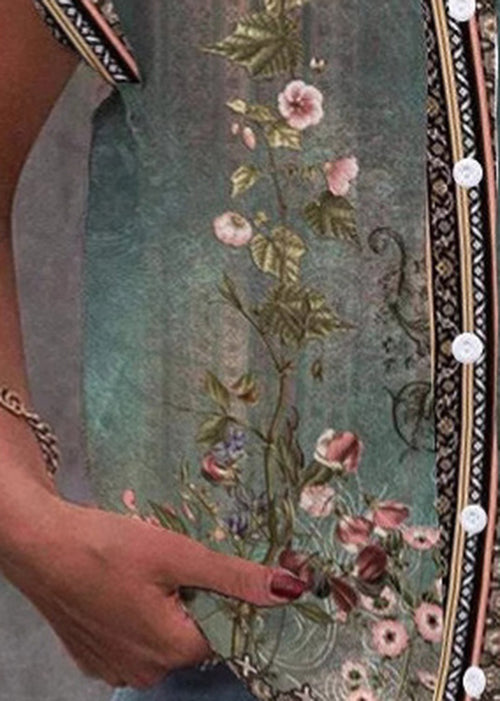 Stylish Green V Neck Print Chiffon Shirt Top Summer