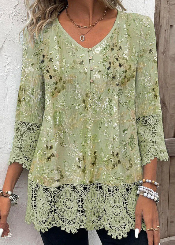 Stylish Green V Neck Print Lace Patchwork Chiffon Shirt Top Summer