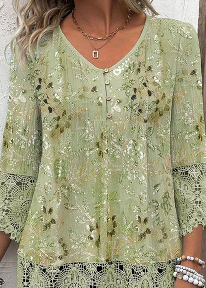 Stylish Green V Neck Print Lace Patchwork Chiffon Shirt Top Summer