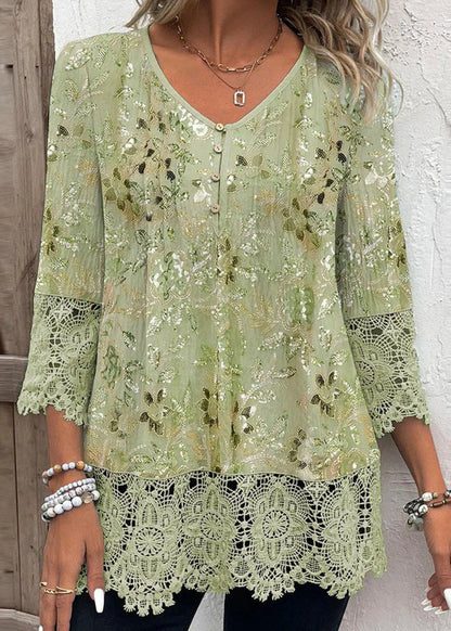 Stylish Green V Neck Print Lace Patchwork Chiffon Shirt Top Summer