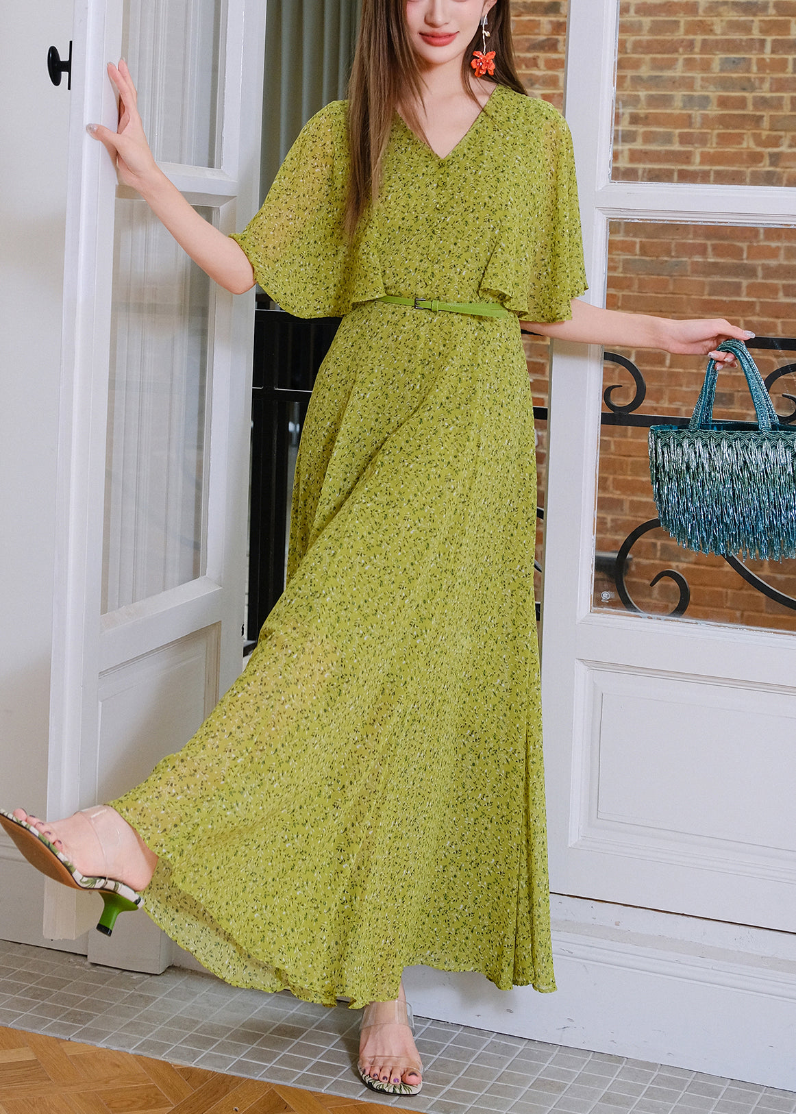 Stylish Green V Neck Print Sashes Chiffon Maxi Dresses Summer