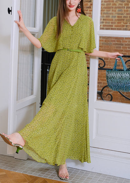 Stylish Green V Neck Print Sashes Chiffon Maxi Dresses Summer