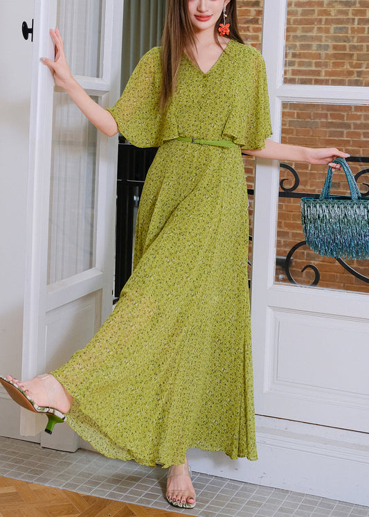 Stylish Green V Neck Print Sashes Chiffon Maxi Dresses Summer