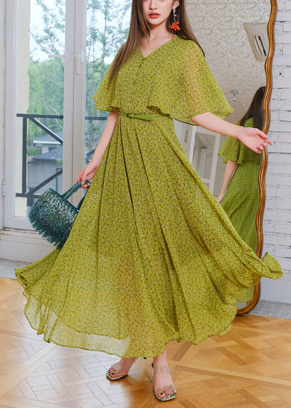 Stylish Green V Neck Print Sashes Chiffon Maxi Dresses Summer