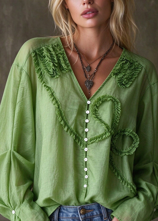 Stylish Green V Neck Ruffled Patchwork Cotton Top Fall