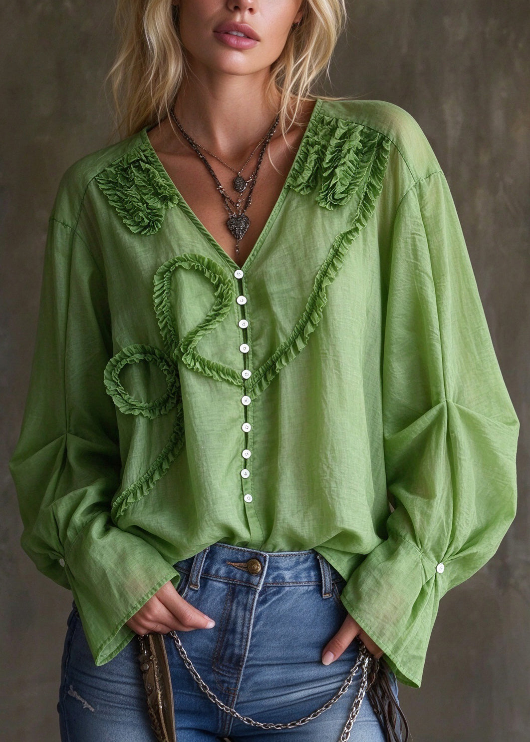 Stylish Green V Neck Ruffled Patchwork Cotton Top Fall