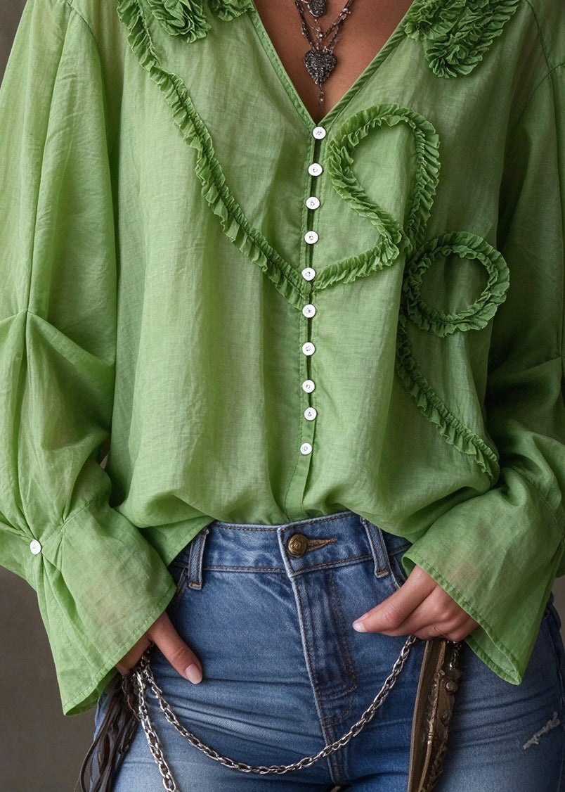 Stylish Green V Neck Ruffled Patchwork Cotton Top Fall