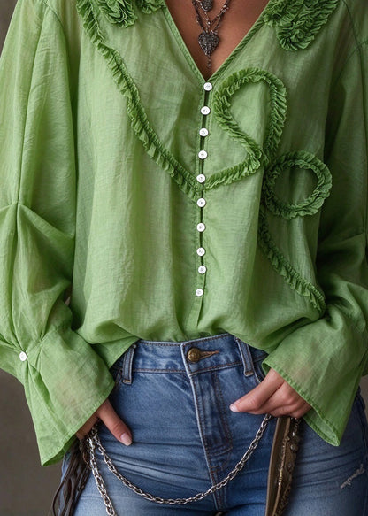 Stylish Green V Neck Ruffled Patchwork Cotton Top Fall