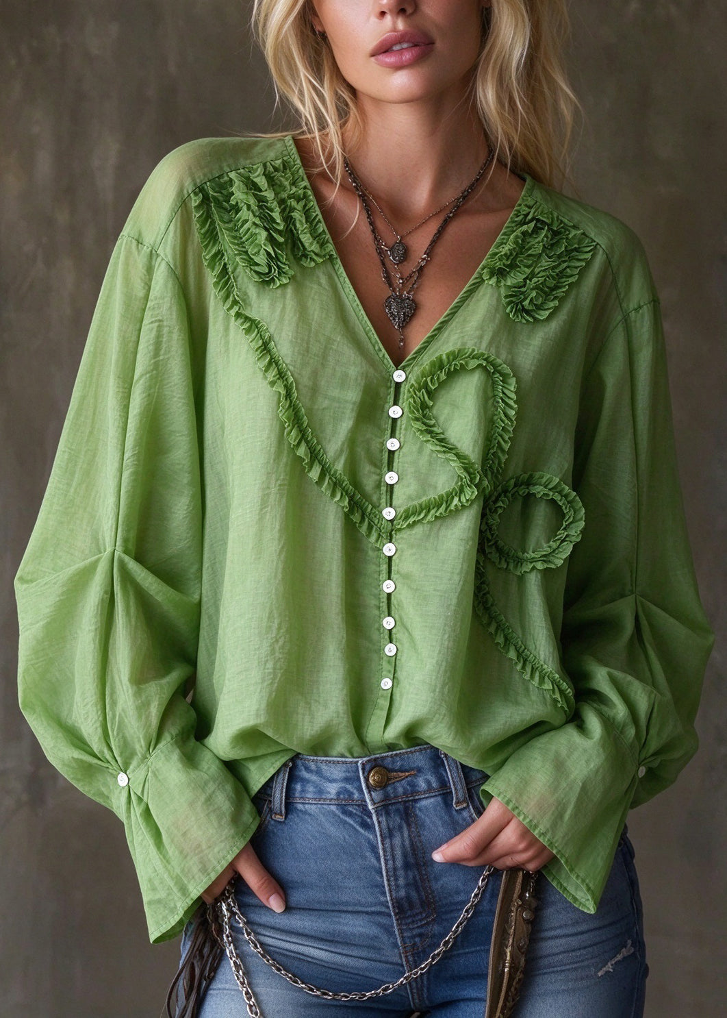 Stylish Green V Neck Ruffled Patchwork Cotton Top Fall