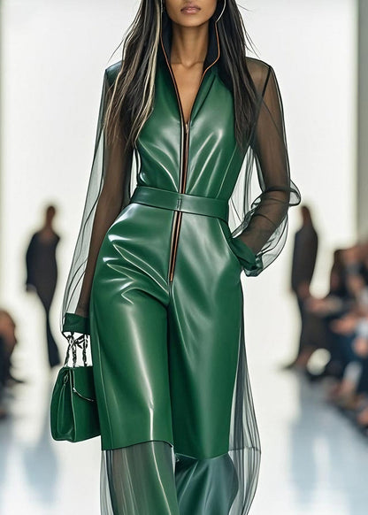 Stylish Green Zip Up Tulle Patchwork Faux Leather Jumpsuits Summer