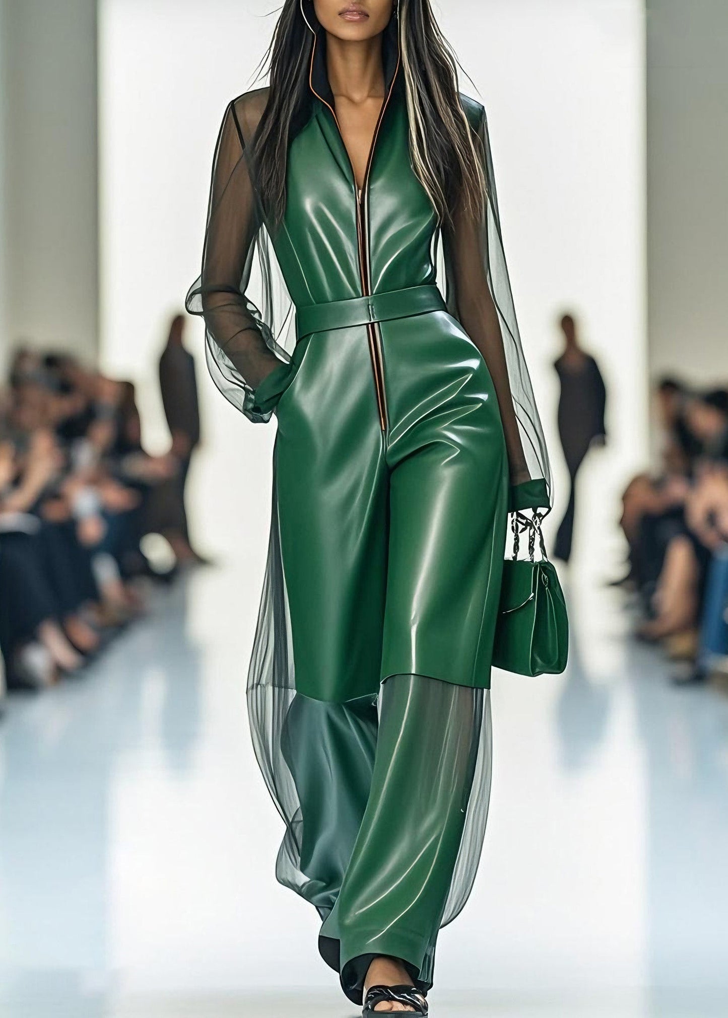 Stylish Green Zip Up Tulle Patchwork Faux Leather Jumpsuits Summer