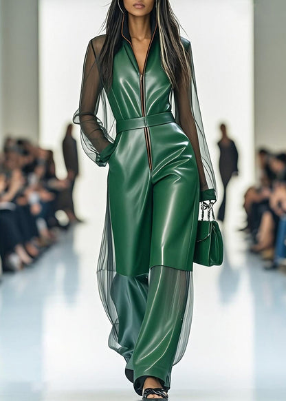 Stylish Green Zip Up Tulle Patchwork Faux Leather Jumpsuits Summer