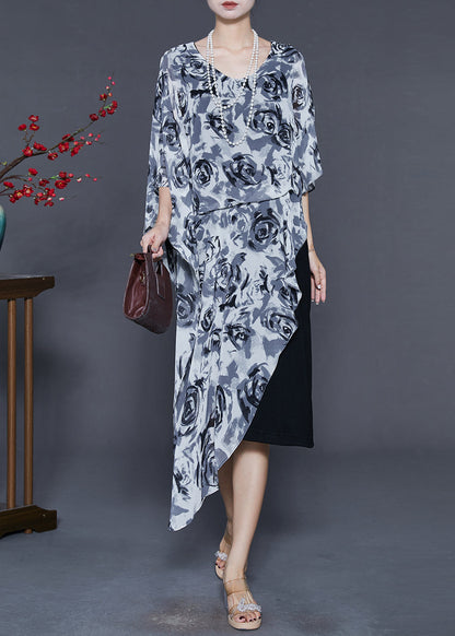Stylish Grey Asymmetrical Floral Chiffon Tea Dress Summer