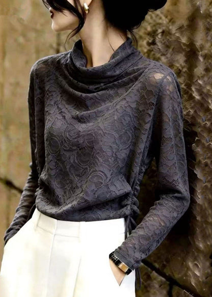Stylish Grey Cinched Lace Top Long Sleeve