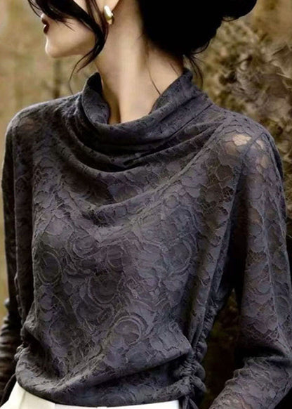Stylish Grey Cinched Lace Top Long Sleeve