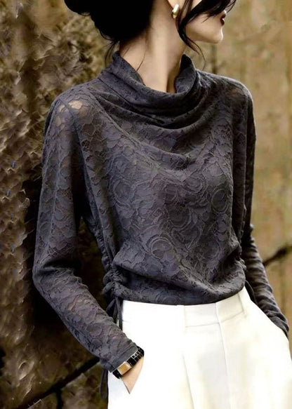 Stylish Grey Cinched Lace Top Long Sleeve