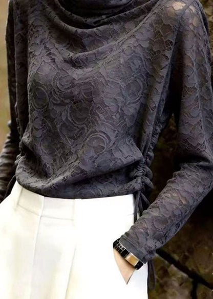 Stylish Grey Cinched Lace Top Long Sleeve