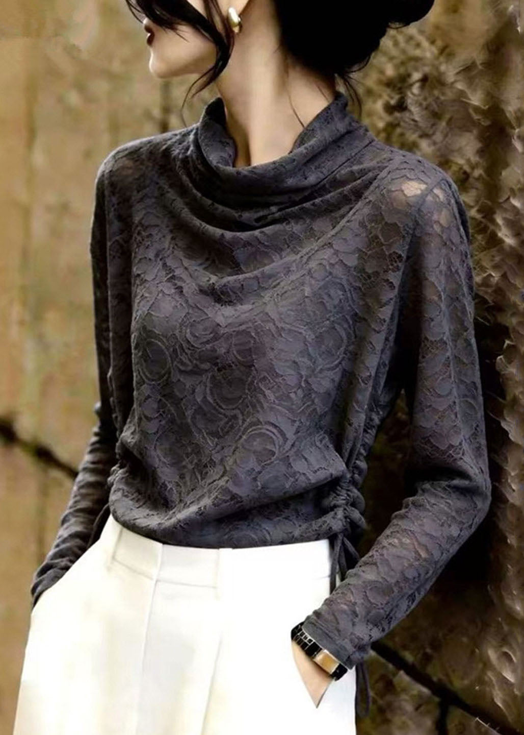 Stylish Grey Cinched Lace Top Long Sleeve