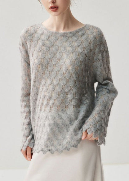 Stylish Grey Cozy Solid Wool Knit Sweaters Flare Sleeve