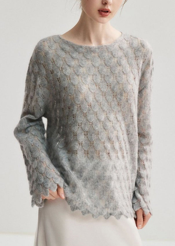Stylish Grey Cozy Solid Wool Knit Sweaters Flare Sleeve