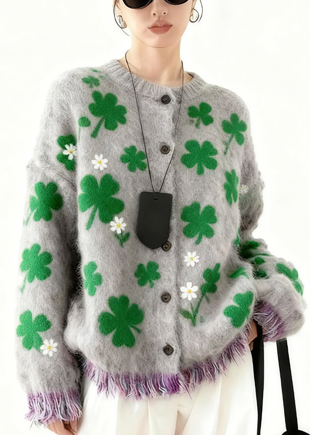 Stylish Grey Four Leaf Clover Button Knit Coats Spring