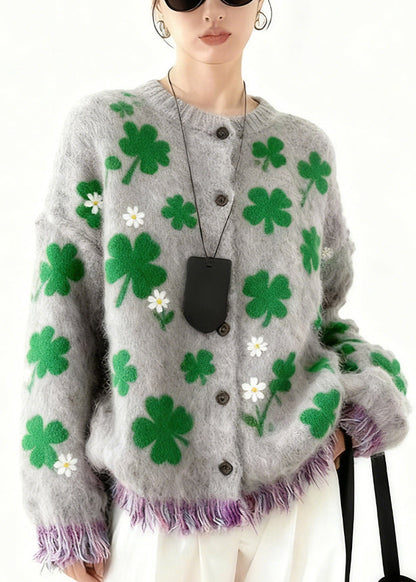 Stylish Grey Four Leaf Clover Button Knit Coats Spring