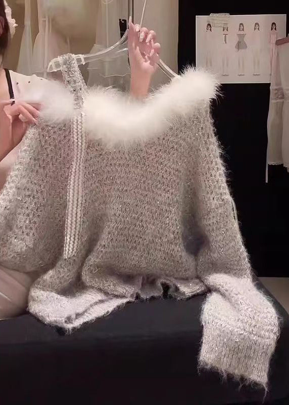 Stylish Grey Fur Collar Patchwork Knit Sweaters Spring