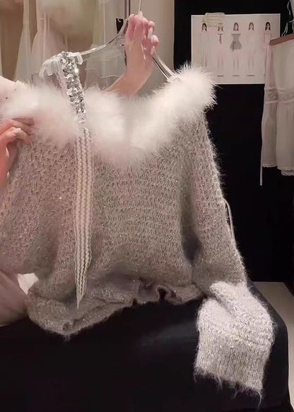 Stylish Grey Fur Collar Patchwork Knit Sweaters Spring