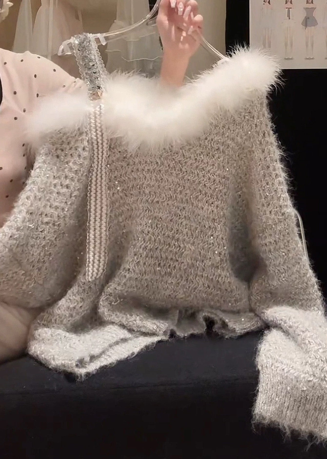 Stylish Grey Fur Collar Patchwork Knit Sweaters Spring