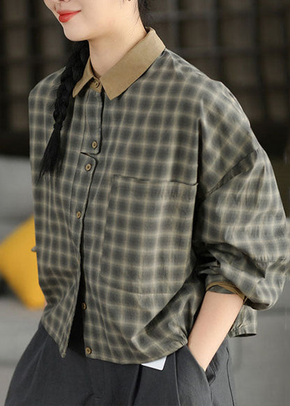 Stylish Grey Green Peter Pan Collar Plaid Button Shirt Fall
