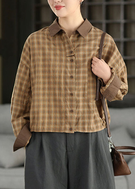 Stylish Grey Green Peter Pan Collar Plaid Button Shirt Fall
