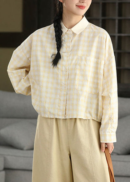 Stylish Grey Green Peter Pan Collar Plaid Button Shirt Fall