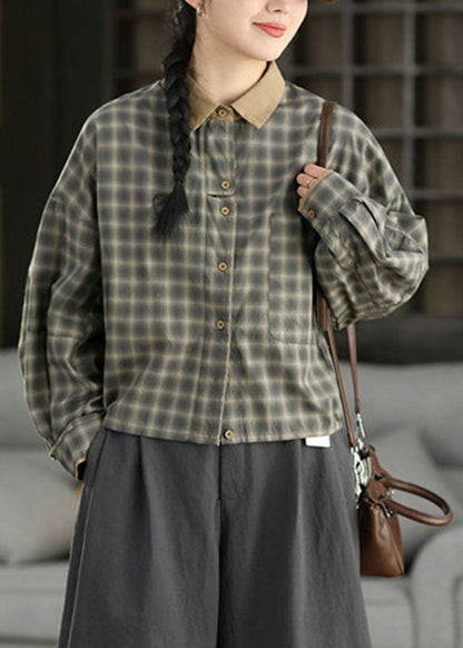 Stylish Grey Green Peter Pan Collar Plaid Button Shirt Fall