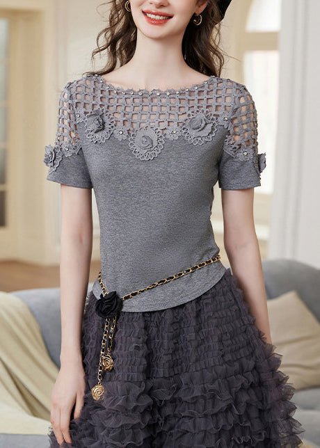 Stylish Grey Hollow Out Patchwork Flower Cotton Tank Tops Summer
