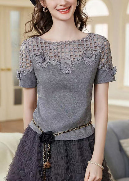 Stylish Grey Hollow Out Patchwork Flower Cotton Tank Tops Summer