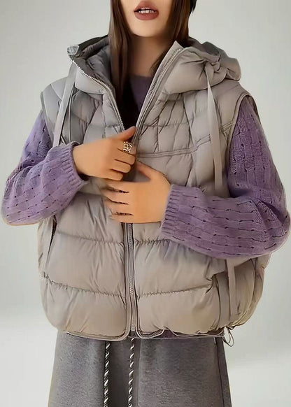 Stylish Grey Hooded Drawstring Fine Cotton Filled Vests In Winter