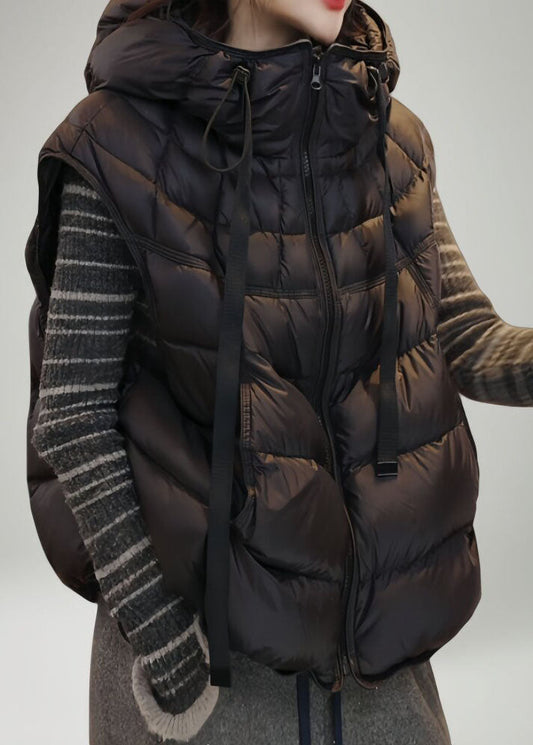 Stylish Grey Hooded Drawstring Fine Cotton Filled Vests In Winter