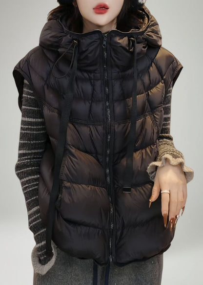Stylish Grey Hooded Drawstring Fine Cotton Filled Vests In Winter