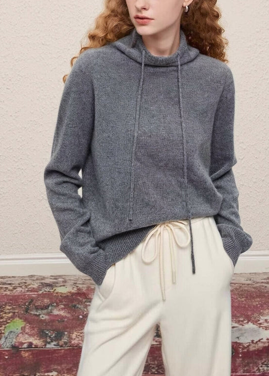 Stylish Grey Hooded Drawstring Knit Pullover Spring