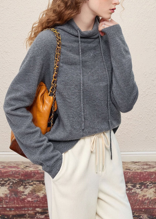 Stylish Grey Hooded Drawstring Knit Pullover Spring