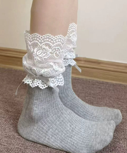 Stylish Grey Lace Patchwork Cotton Mid Calf Socks