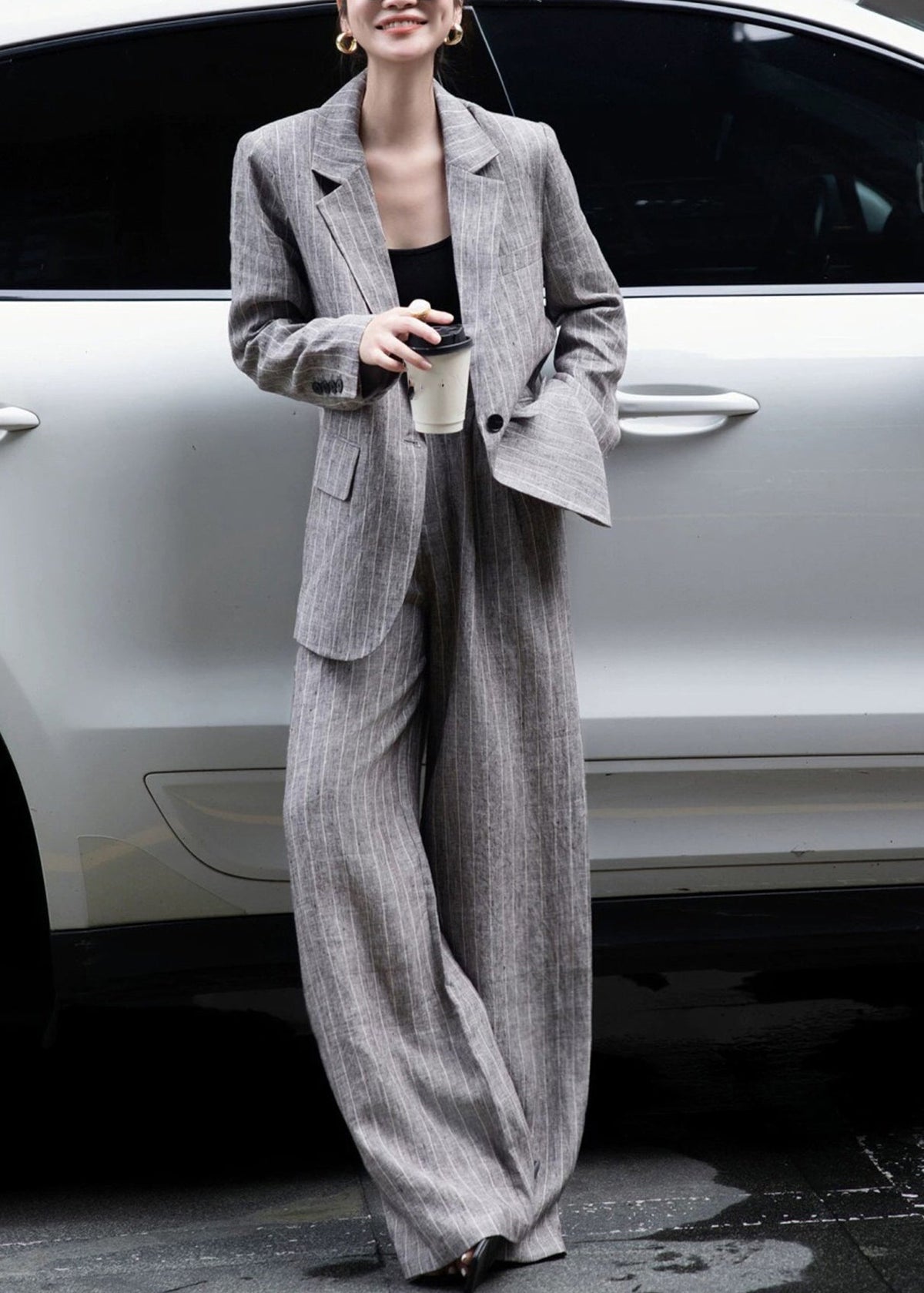 Stylish Grey Notched Striped Blazer And Straight Pants Two-Piece Set Long Sleeve