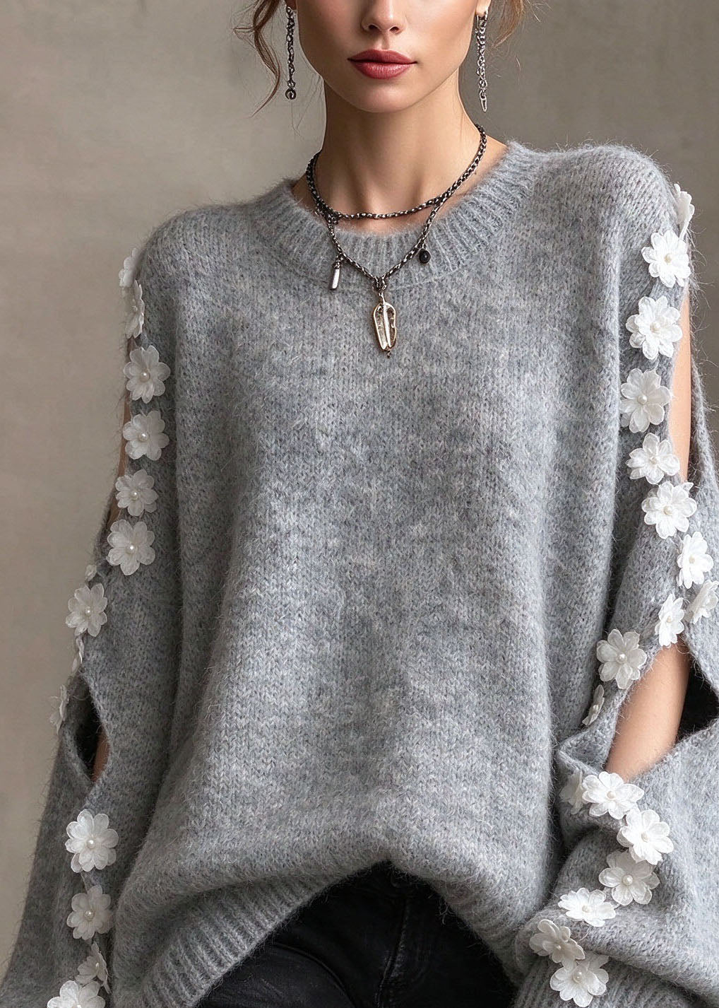 Stylish Grey O Neck Cold Shoulder Floral Patchwork Knit Sweaters Tops Fall