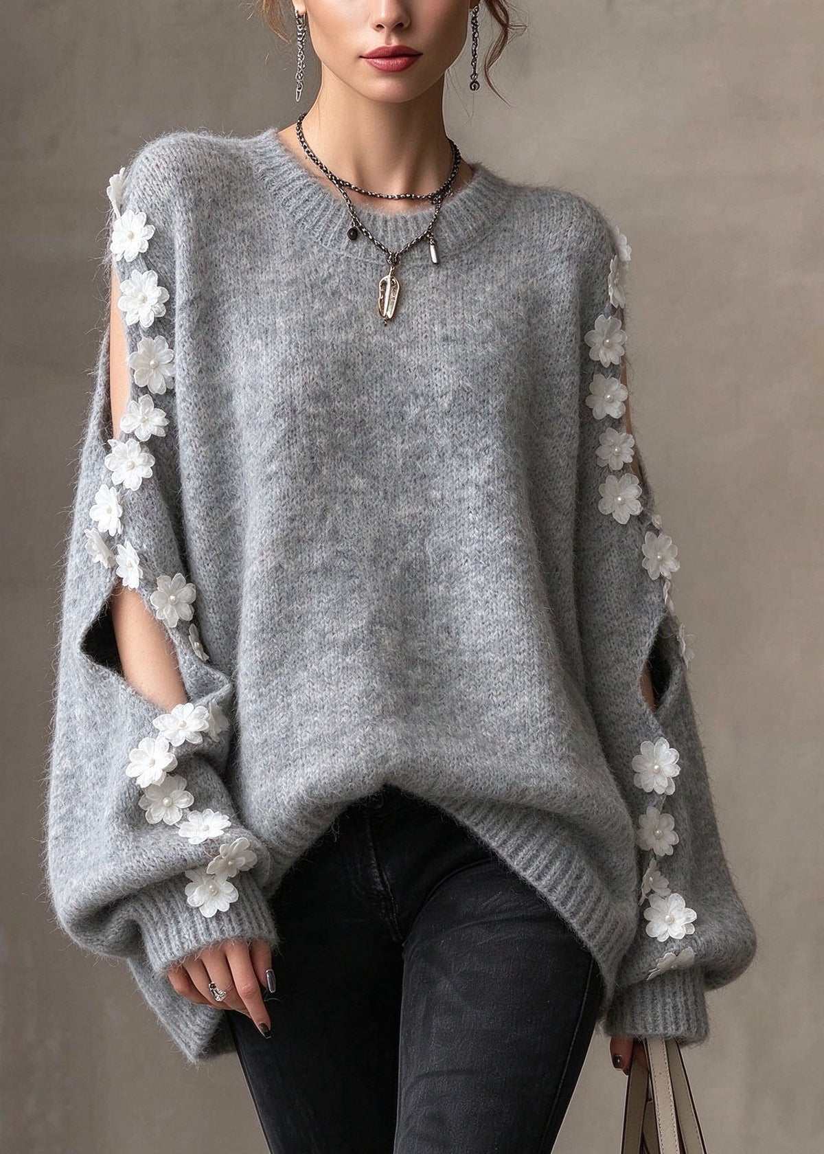 Stylish Grey O Neck Cold Shoulder Floral Patchwork Knit Sweaters Tops Fall