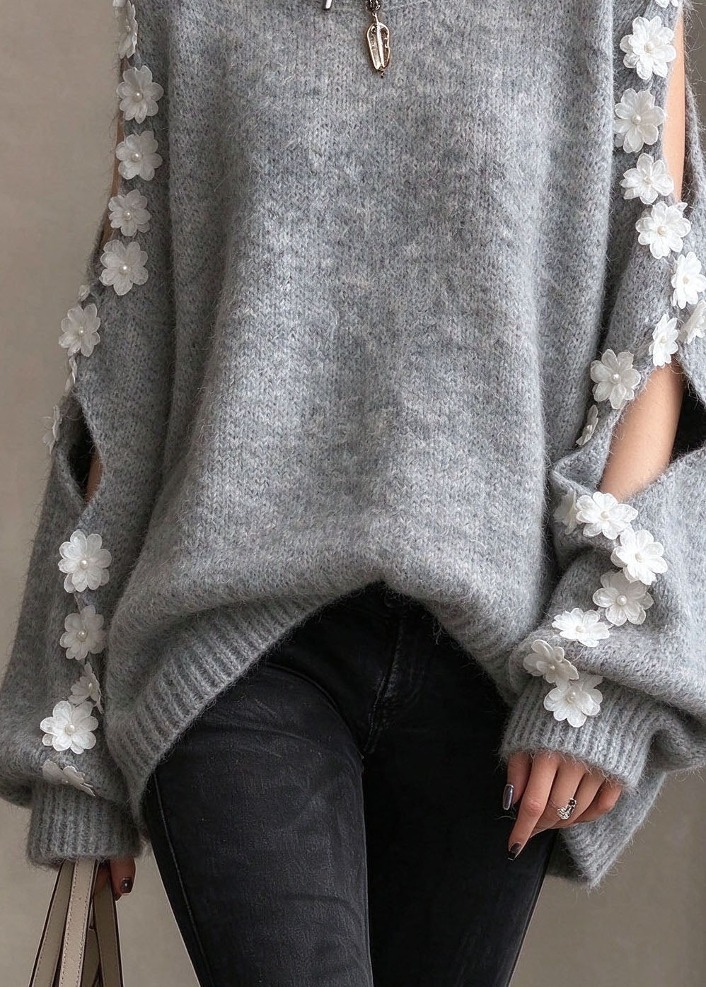 Stylish Grey O Neck Cold Shoulder Floral Patchwork Knit Sweaters Tops Fall
