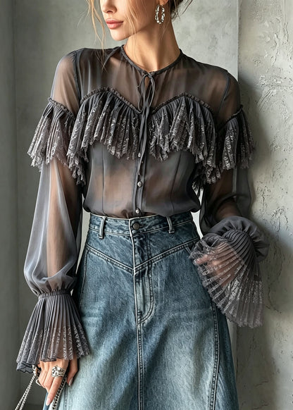 Stylish Grey O Neck Lace Patchwork Chiffon Shirt Top Flare Sleeve