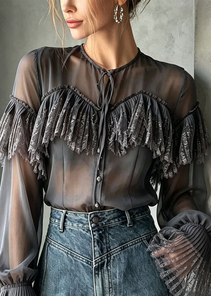 Stylish Grey O Neck Lace Patchwork Chiffon Shirt Top Flare Sleeve