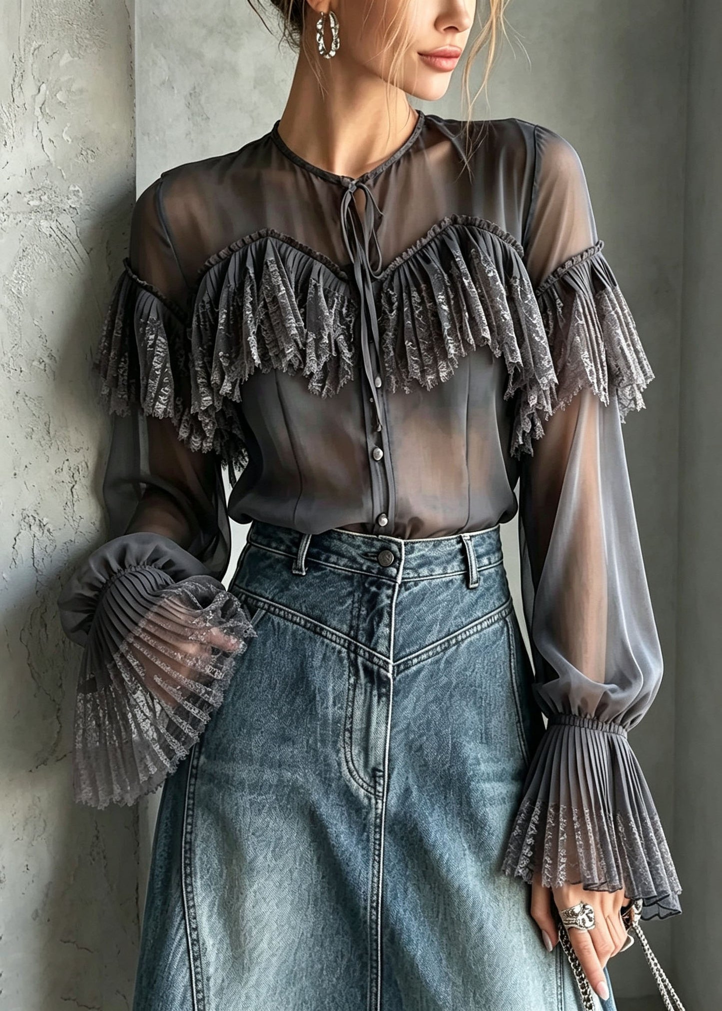 Stylish Grey O Neck Lace Patchwork Chiffon Shirt Top Flare Sleeve