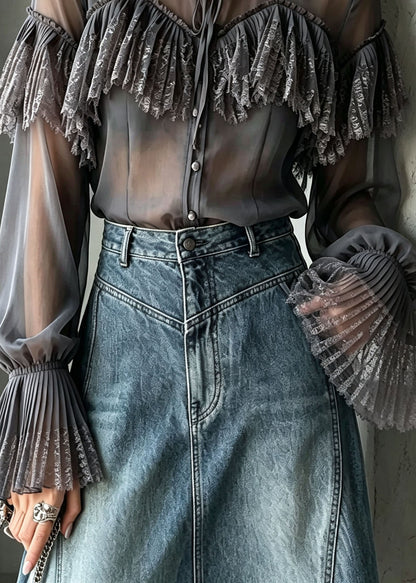 Stylish Grey O Neck Lace Patchwork Chiffon Shirt Top Flare Sleeve